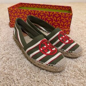Tory Burch Olive and Red Striped Espadrilles